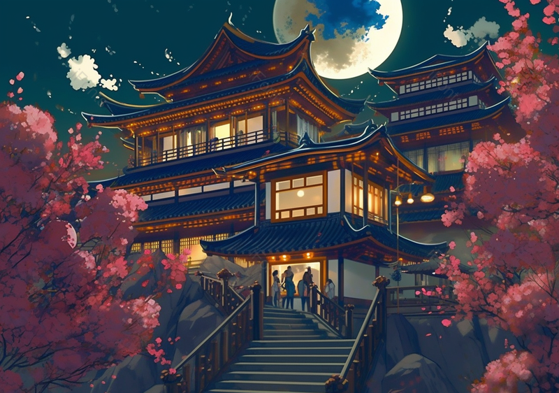 中国风古代建筑宫殿人月两团月共度佳节手绘插画,插画/手绘图,插画/手绘图库,插画/手绘图下载,插画/手绘